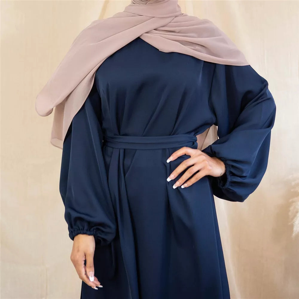 Zeenat Solid Satin Abaya Dress - Deep Navy
