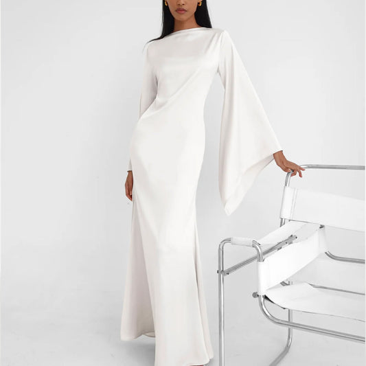 Solid Color Off-the-Shoulder Asymmetric Statement Sleeve Elegant Abaya Maxi Dress for Women-White