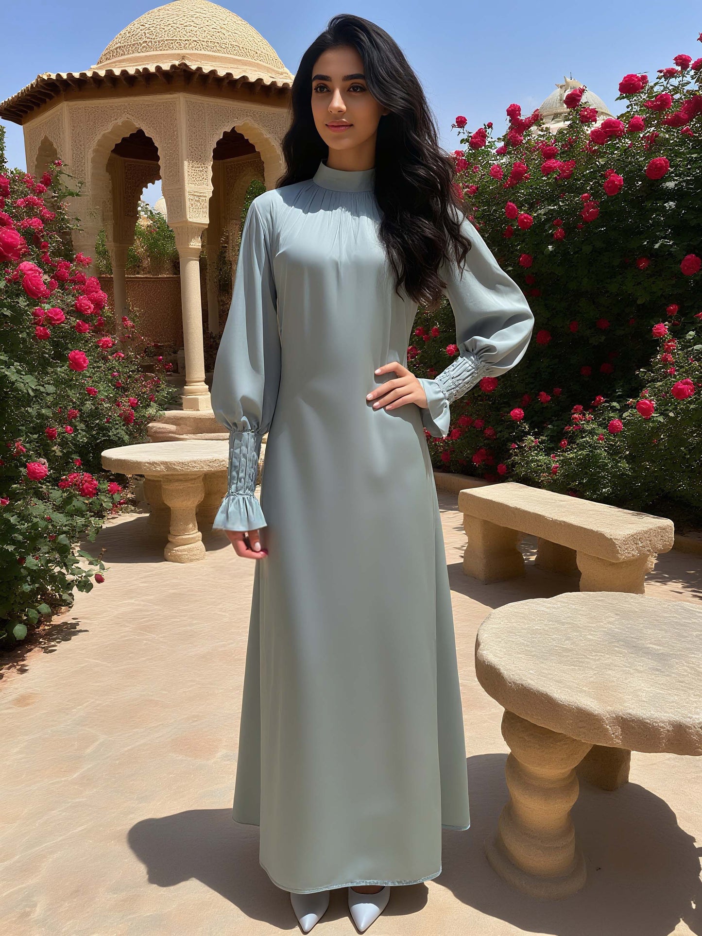 Modest Solid Satin Tie Waist Sleeve Pleated Maxi Dress