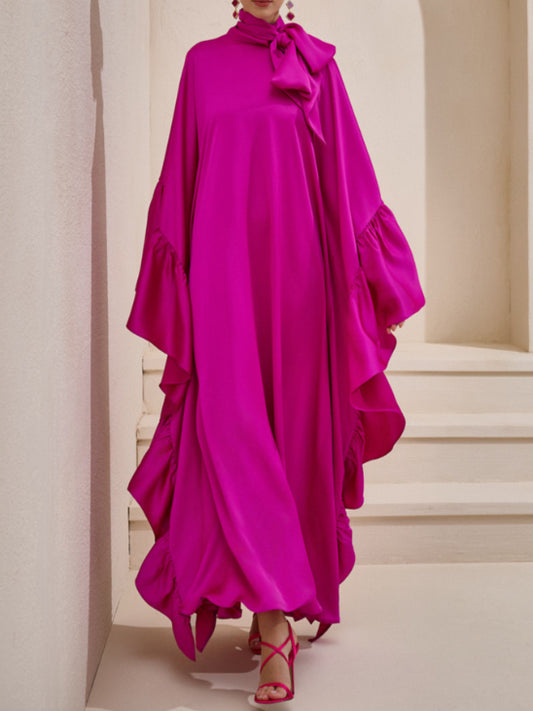 Tie Bow Big Ruffles Satin Kaftan - Passionate pink