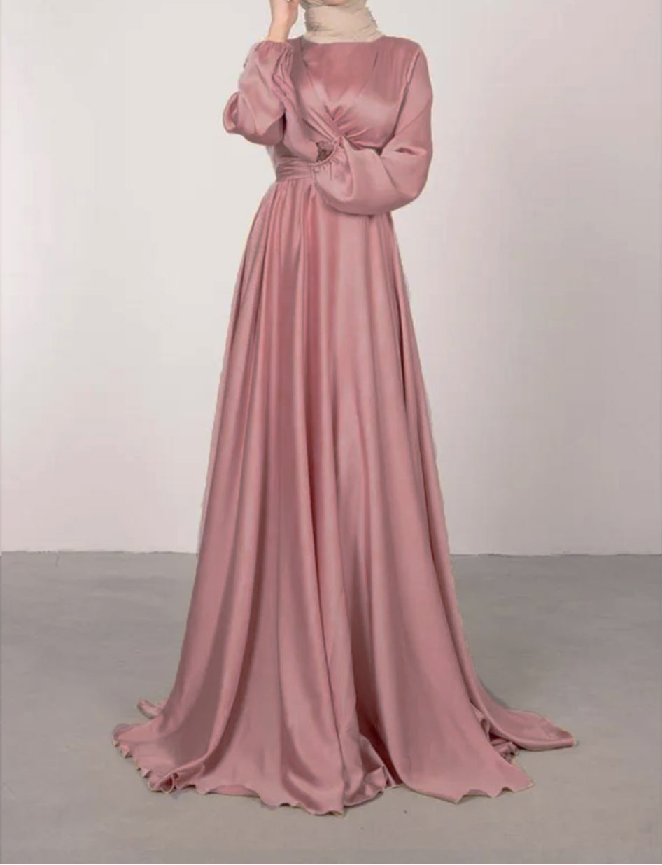 Satin Abaya Crossed Belted Evening Dress - Pink