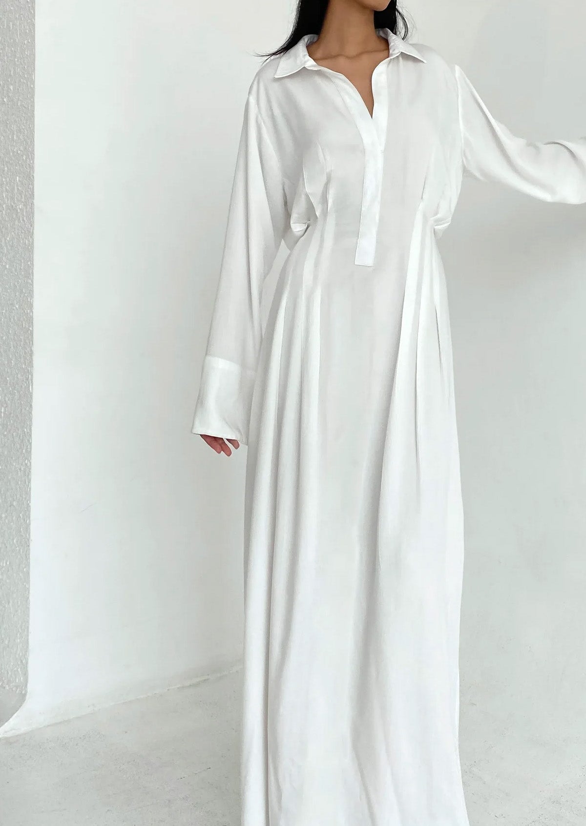 High-End Pure White Lapel Front Half-Placket Design Abaya Maxi Dress for Women