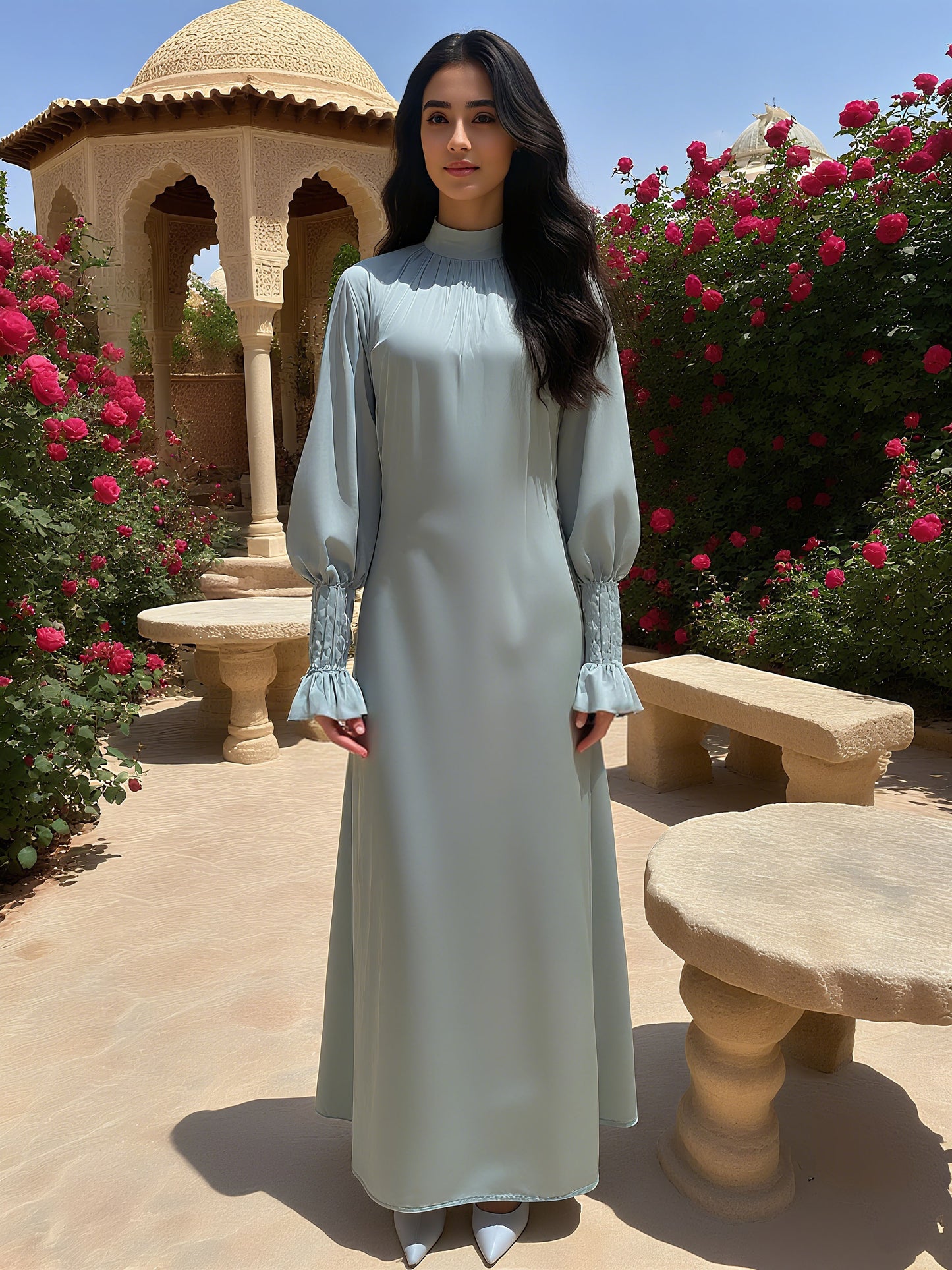 Modest Solid Satin Tie Waist Sleeve Pleated Maxi Dress