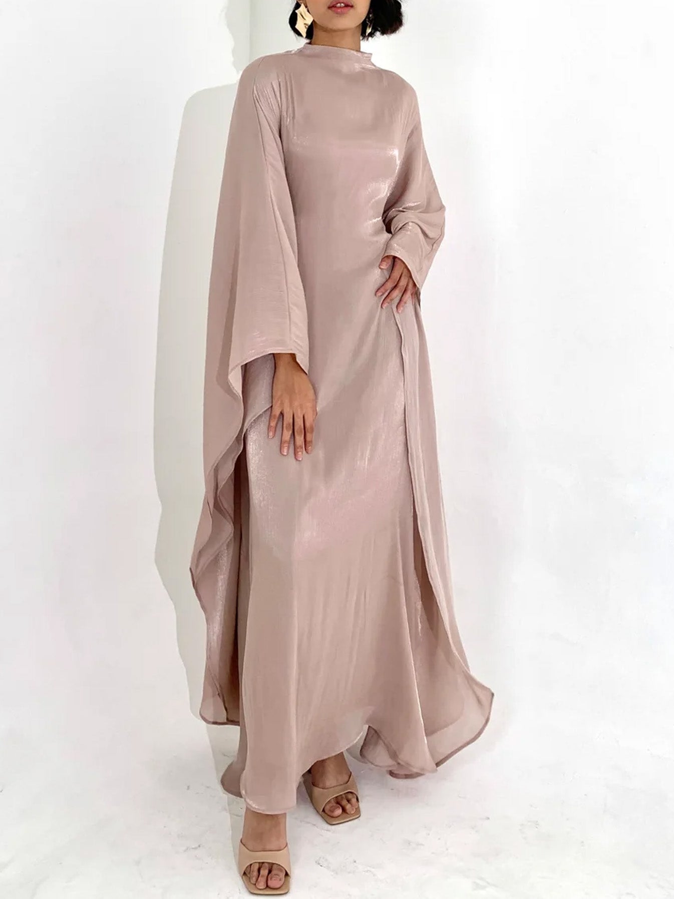 Elegant Satin-Textured High-Shine Abaya Maxi Dress for Women-Lotus Root Pink