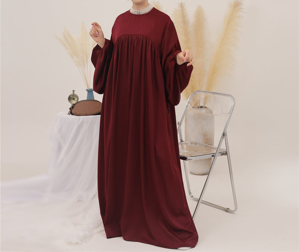 Eternal Blossom Satin Abaya Dress - Maroon