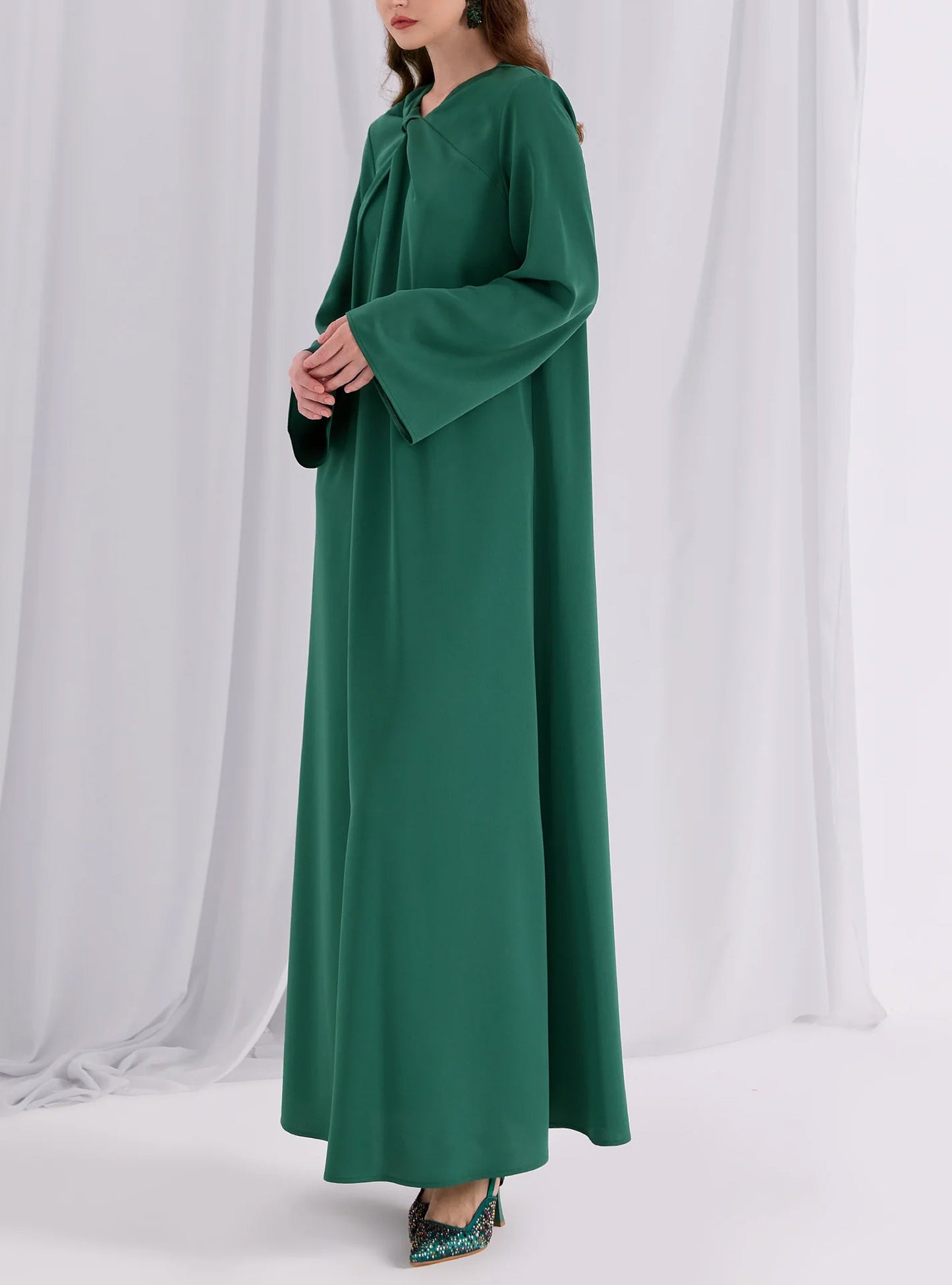 Green Ruffle Modest Muslim Maxi Abaya Dress-Green