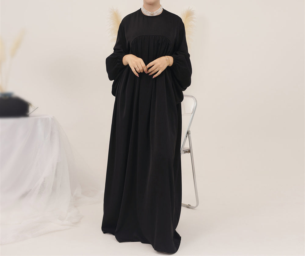 Eternal Blossom Satin Abaya Dress - Shiny Black