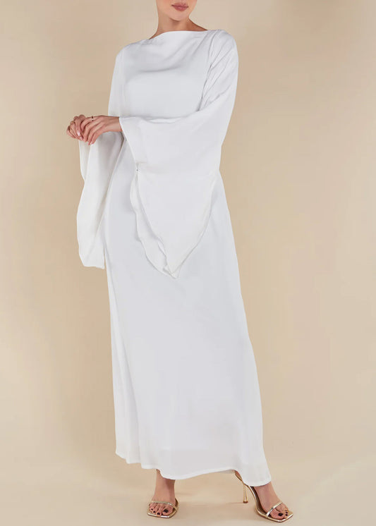 One-line Collar Wide Bell Sleeve Solid Color Abaya Maxi Dress for Muslim Women-White