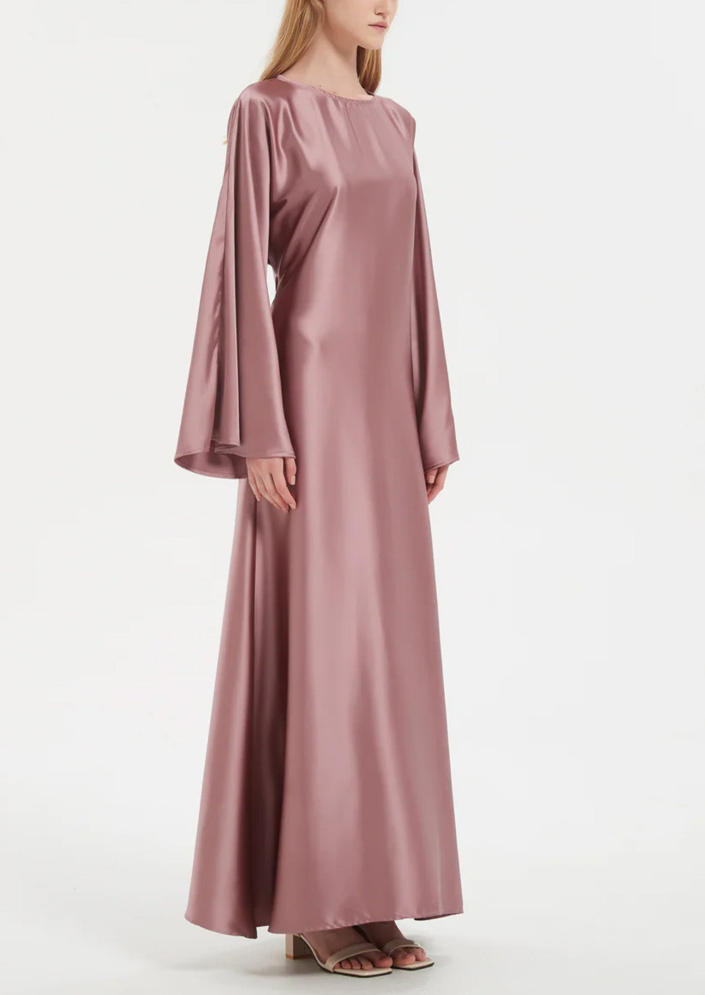 Solid Color Slightly Flared Sleeve Satin Elegant Abaya Maxi Dress for Women