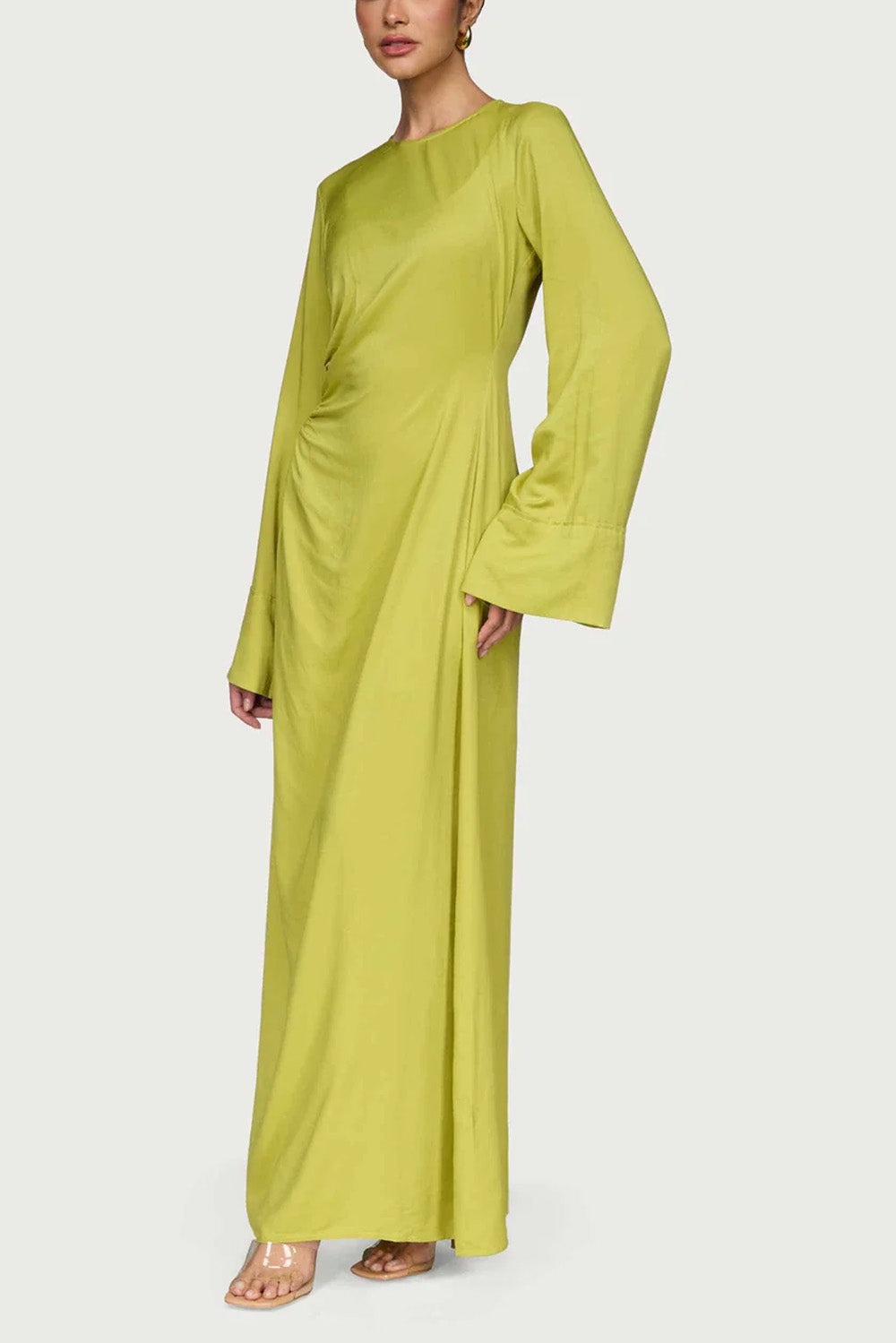 Asymmetric Pleated Floor-length Dress- Pear