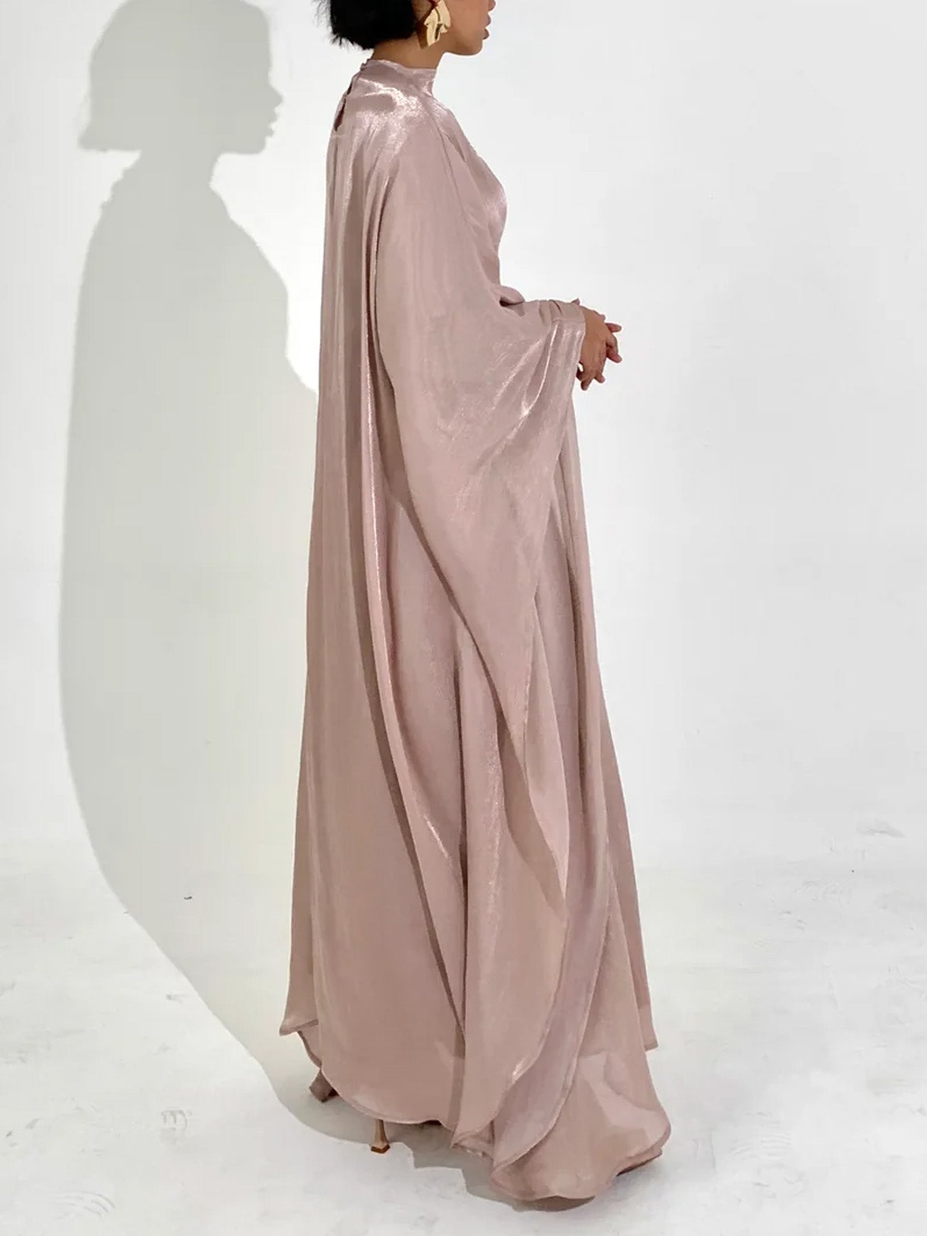 Elegant Satin-Textured High-Shine Abaya Maxi Dress for Women-Lotus Root Pink