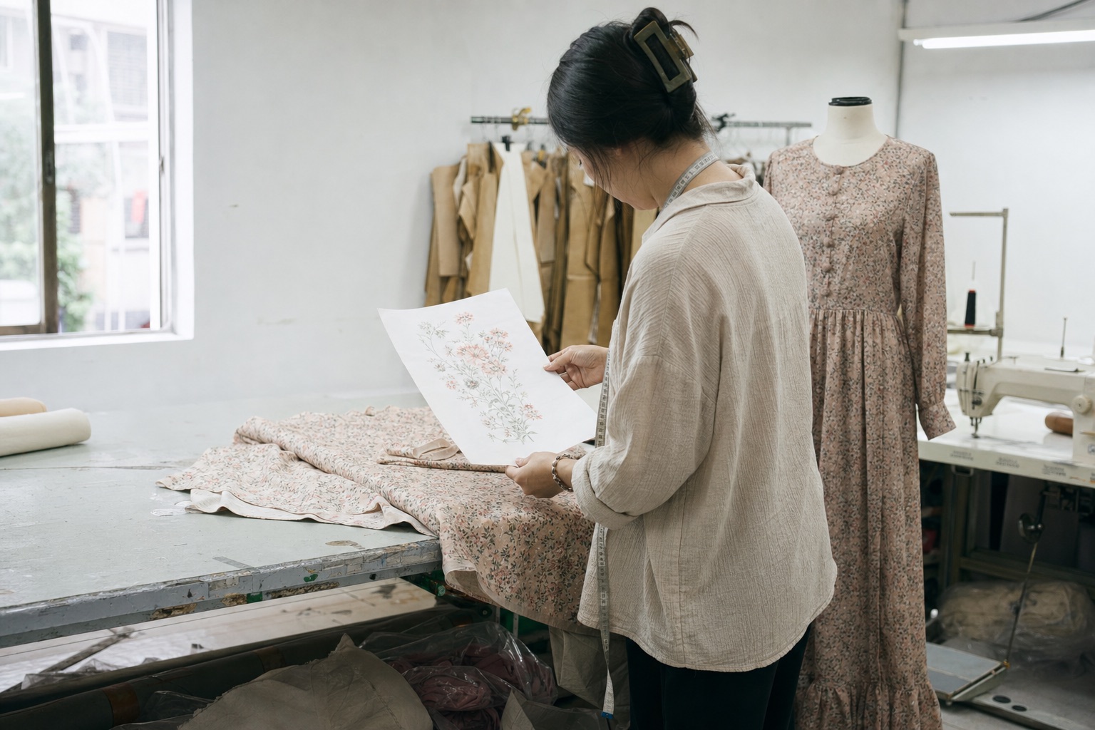 Print artwork and a matching long dress reviewed in a garment sample room