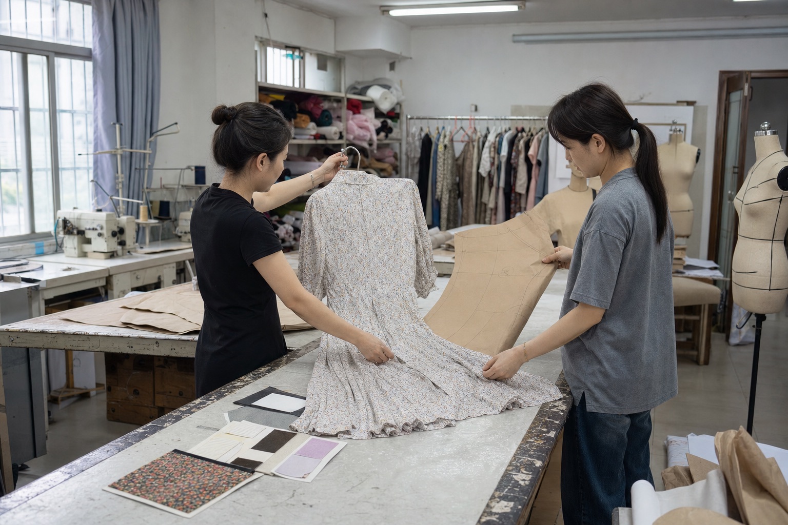 Two garment sample-room staff reviewing a printed dress and paper pattern
