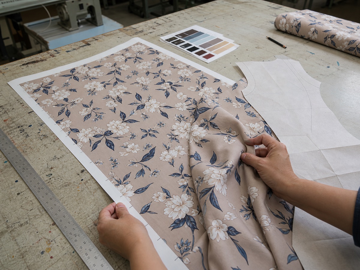 Floral print artwork compared with matching fabric and a dress pattern on a sample-room table