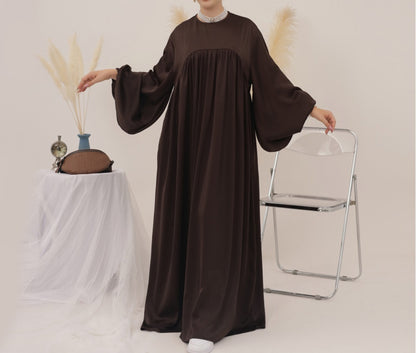 Eternal Blossom Satin Abaya Dress - Chocolate