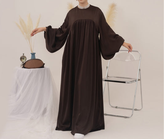 Eternal Blossom Satin Abaya Dress - Chocolate