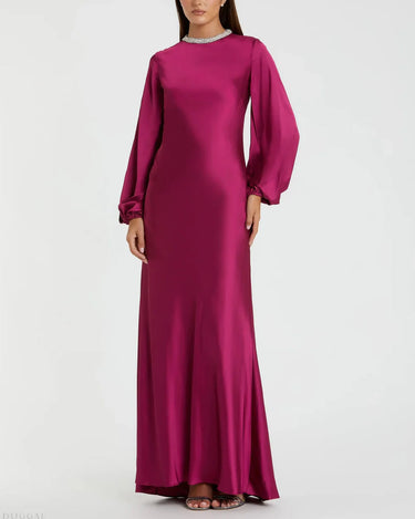 High-End Fuchsia Solid Color Neckline with Sparkling Bead Detail Women's Abaya Maxi Dress