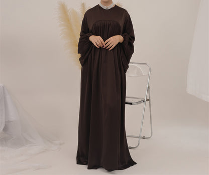 Eternal Blossom Satin Abaya Dress - Chocolate