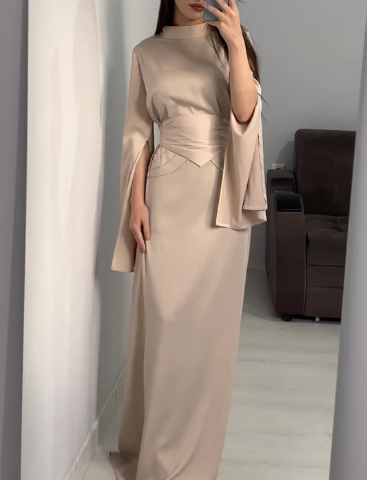 Satin Diamante Chain Waistband Sleeve Split Maxi Dresses