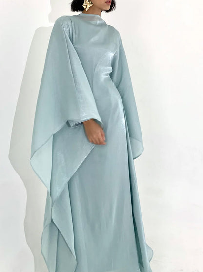 Elegant Satin-Textured High-Shine Abaya Maxi Dress for Women-Blue