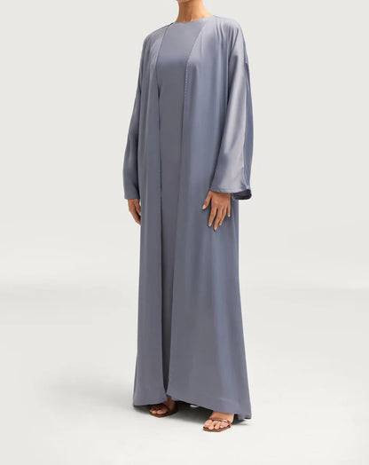Sophia Heavy Satin Open Abaya Robe - Misty Blue