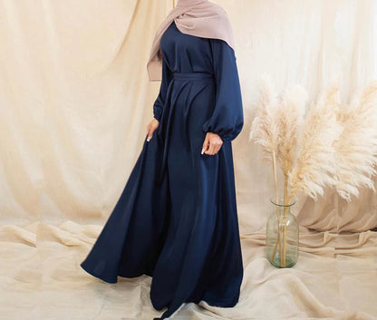 Zeenat Solid Satin Abaya Dress - Deep Navy