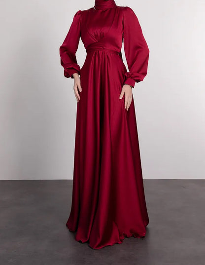 Satin Abaya Crossed Belted Evening Dress - Red