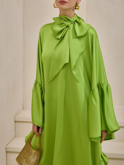 Tie Bow Big Ruffles Satin Kaftan - Green Grass
