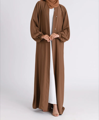 Classic Solid Open Abaya with Shrinking Cuffs - Toffee