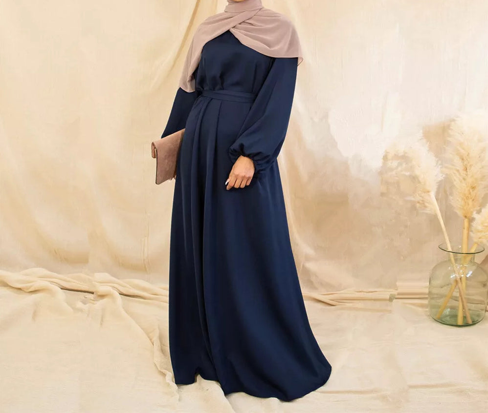 Zeenat Solid Satin Abaya Dress - Deep Navy