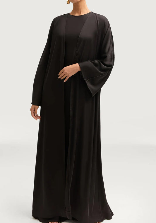 Sophia Heavy Satin Open Abaya Robe - Night Black