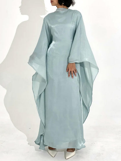 Elegant Satin-Textured High-Shine Abaya Maxi Dress for Women-Blue