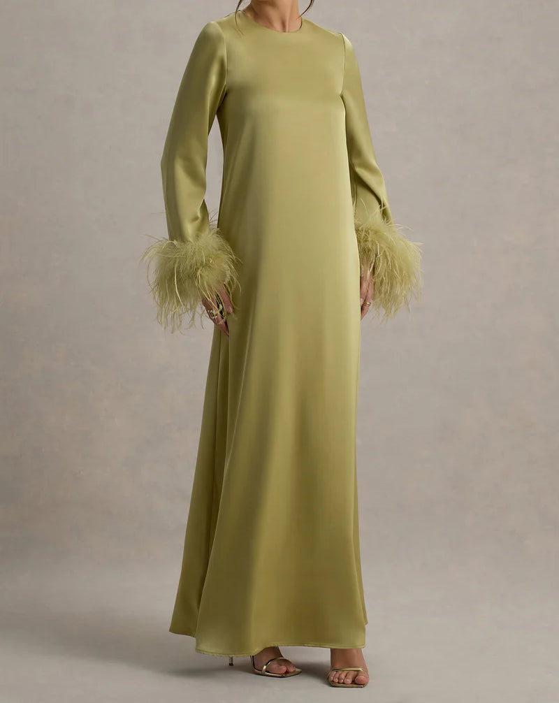 Feather Cuff A Line Maxi Abaya Dress