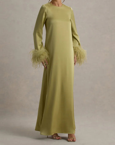Feather Cuff A Line Maxi Abaya Dress