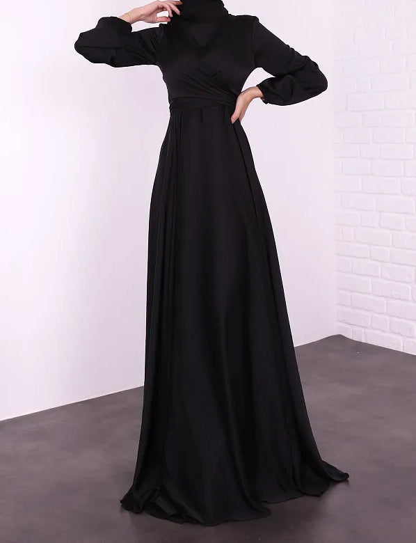 Satin Abaya Crossed Belted Evening Dress - Black