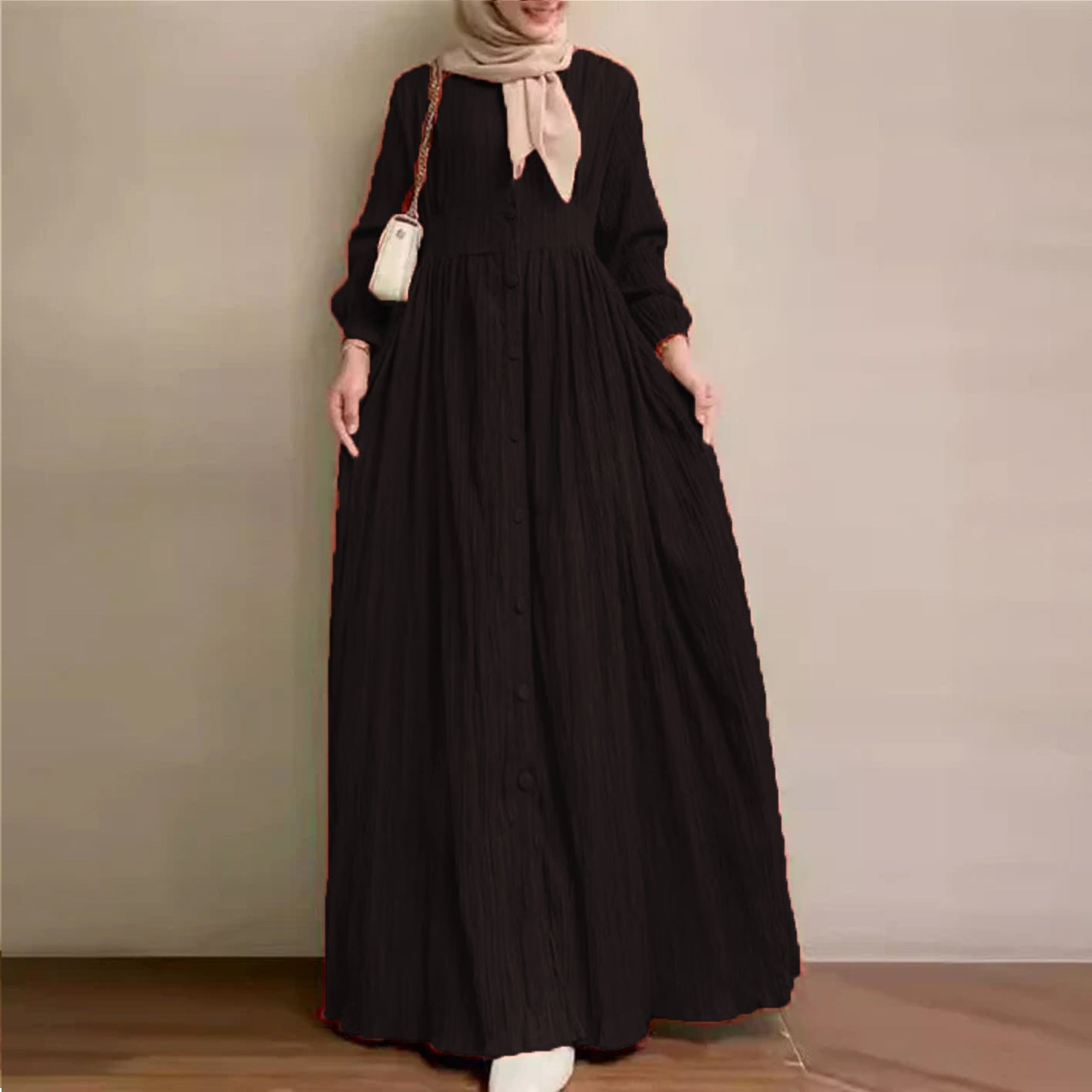 Women's Vintage Long-Sleeve Plain Modest Dress - Mulberries