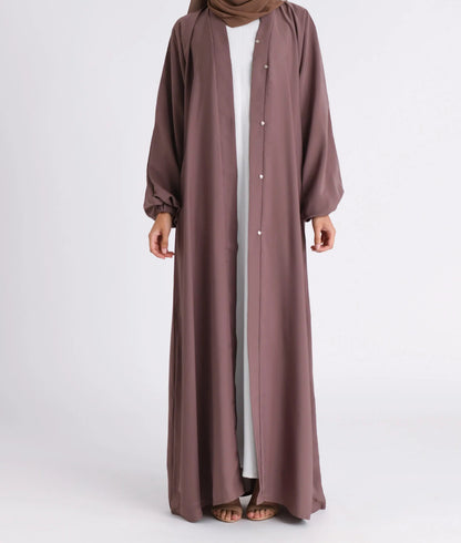 Classic Solid Open Abaya with Shrinking Cuffs - Brown