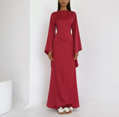 Solid Color Off-the-Shoulder Asymmetric Statement Sleeve Elegant Abaya Maxi Dress for Women-Red