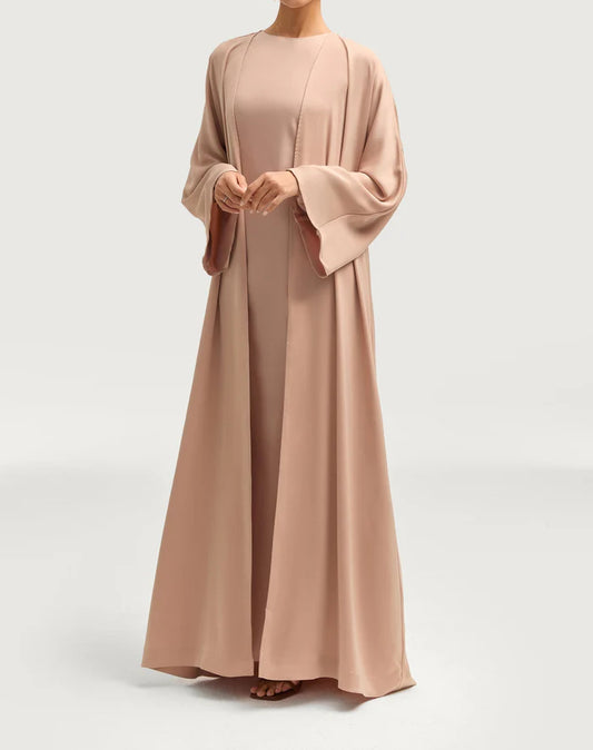 Sophia Heavy Satin Open Abaya Robe - Natural Nude