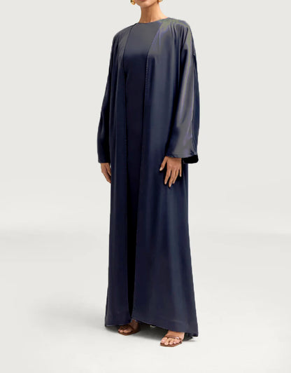 Sophia Heavy Satin Open Abaya Robe - Deep Navy