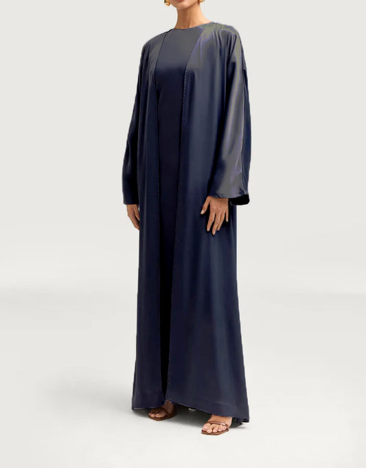 Sophia Heavy Satin Open Abaya Robe - Deep Navy