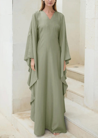 Elegant Casual Solid Color Small V-Neck Design Women's Abaya Dress-Green
