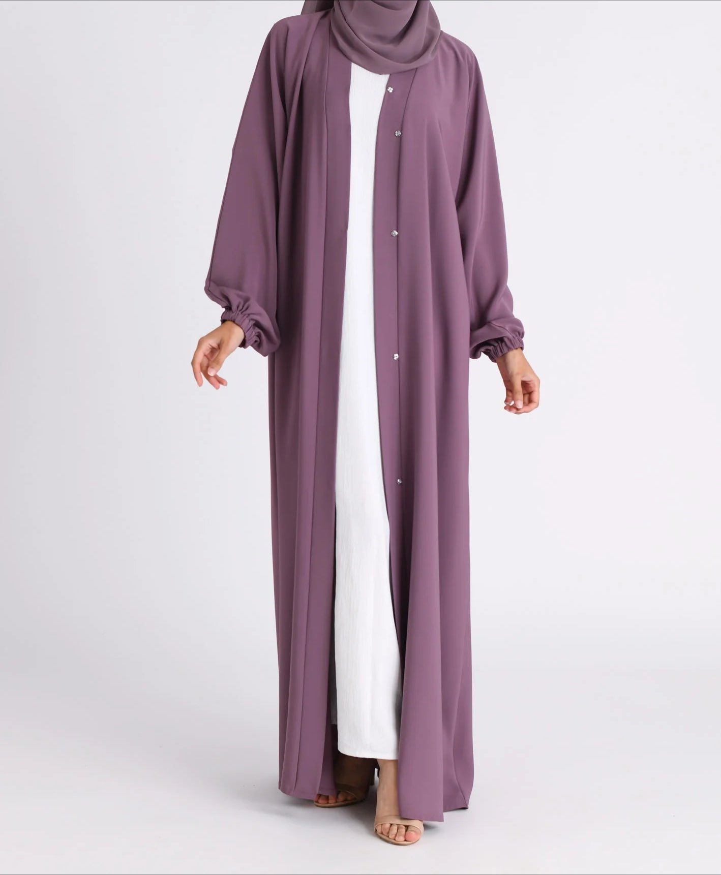 Classic Solid Open Abaya with Shrinking Cuffs - Purple
