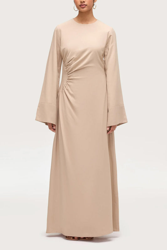 Asymmetric Pleated Floor-length Dress-Sand