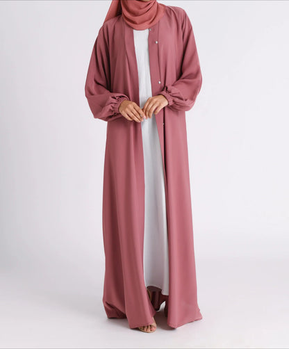 Classic Solid Open Abaya with Shrinking Cuffs - DarkPink