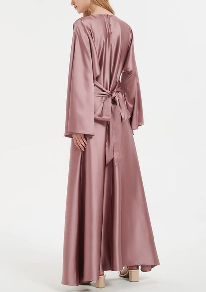 Solid Color Slightly Flared Sleeve Satin Elegant Abaya Maxi Dress for Women