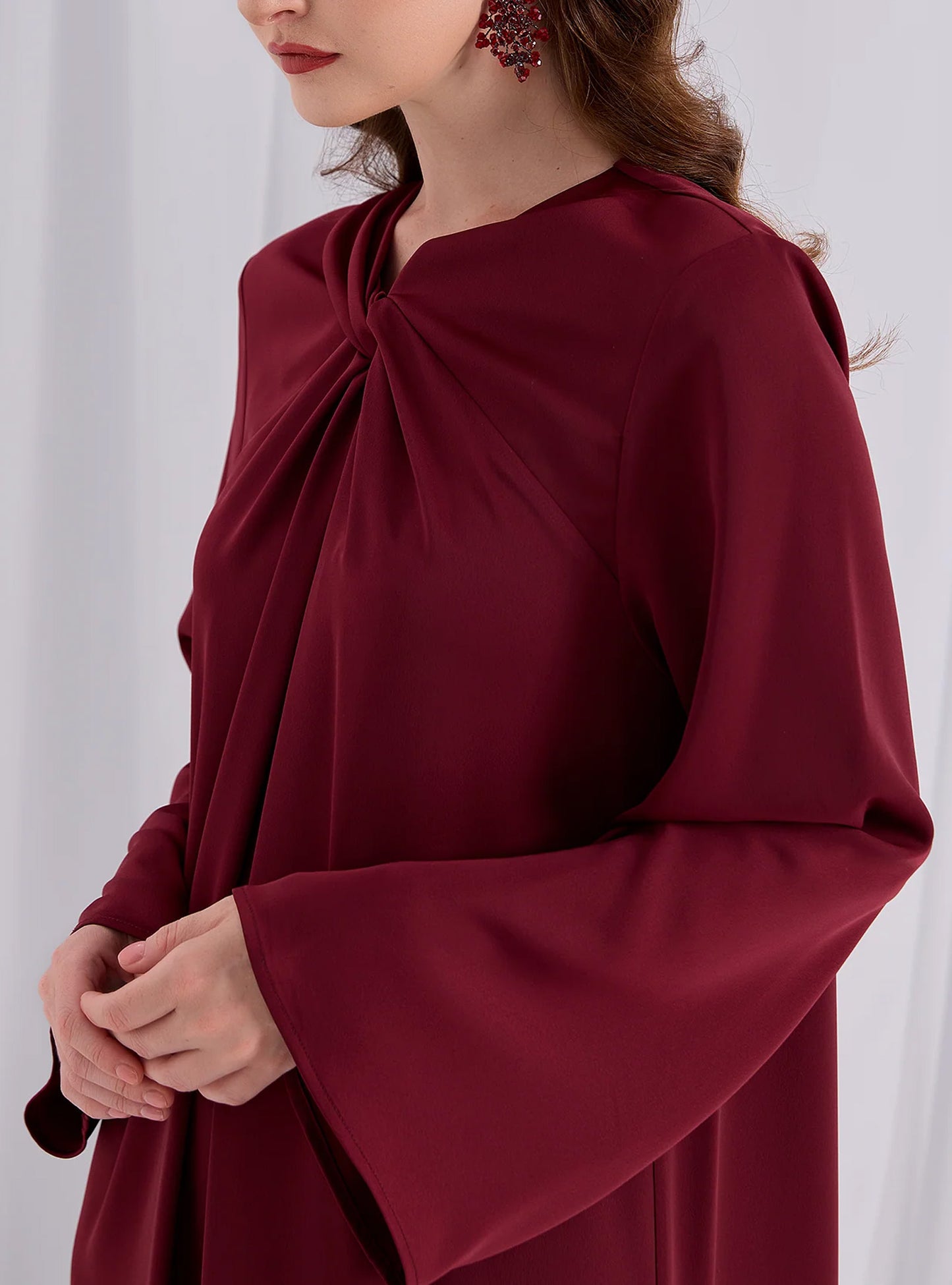 Green Ruffle Modest Muslim Maxi Abaya Dress-Dark Red