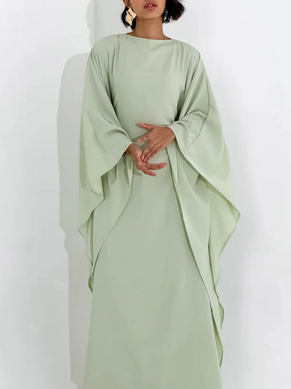 Elegant Satin-Textured High-Shine Abaya Maxi Dress for Women-Green