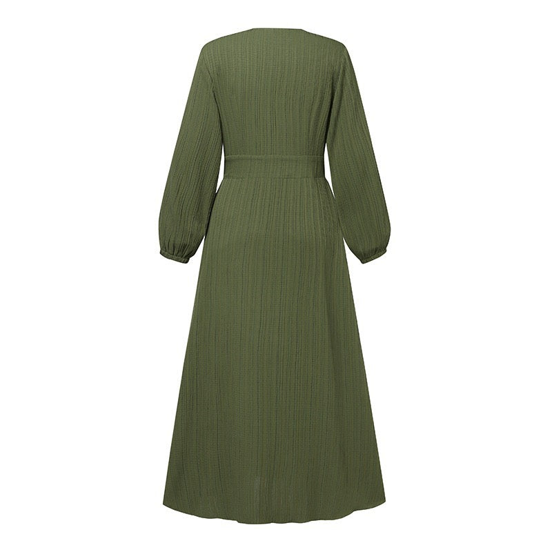 Women's Vintage Long-Sleeve Plain Modest Dress - Olive