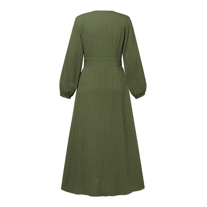 Women's Vintage Long-Sleeve Plain Modest Dress - Olive